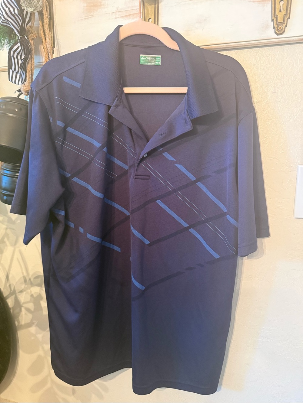 Eddie Bauer Men's Navy Polo with Light Blue Stripe Pattern